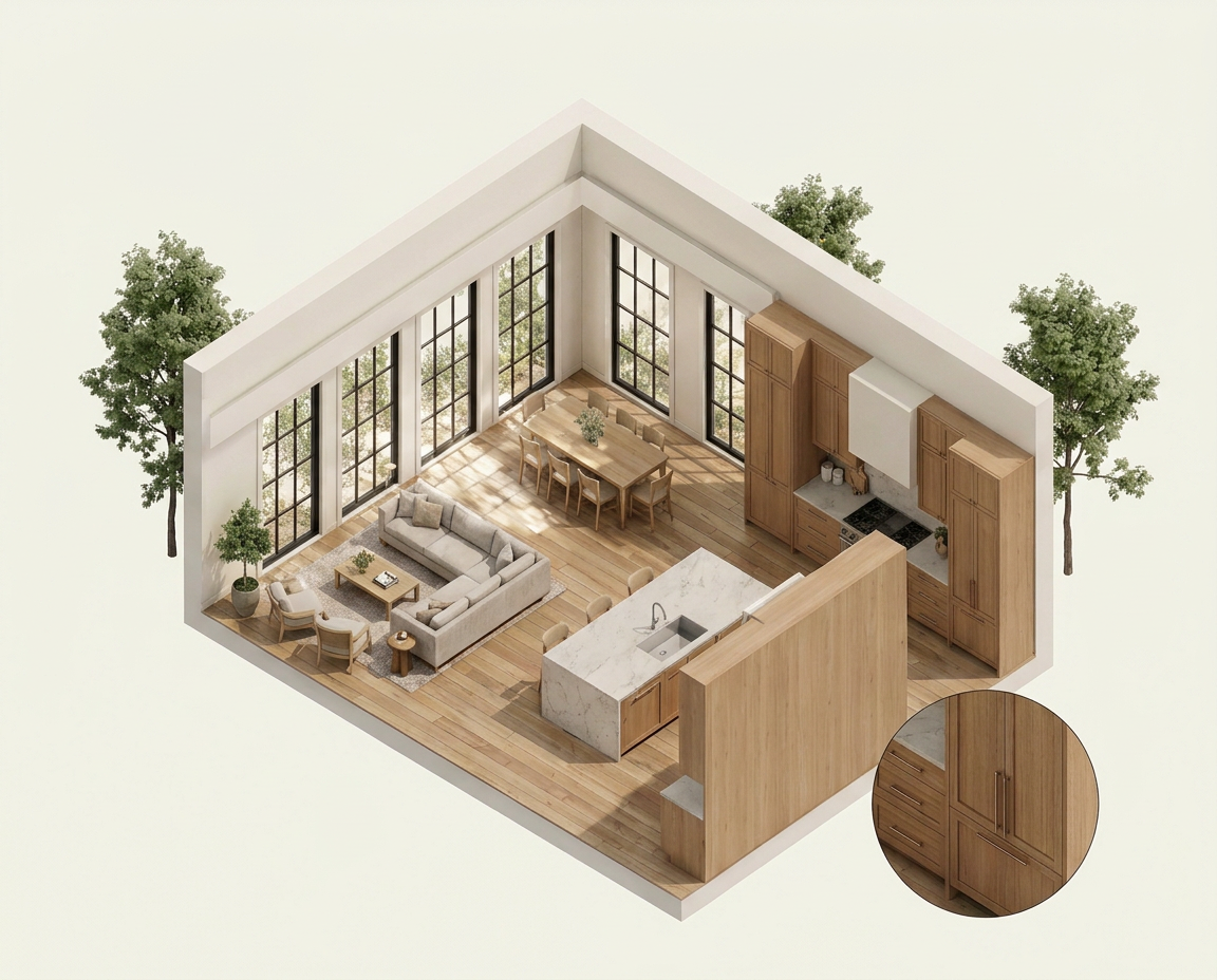 Connected living, dining and kitchen cutaway showing an oak and stone palette, tall daylight windows and an enlarged cabinetry detail