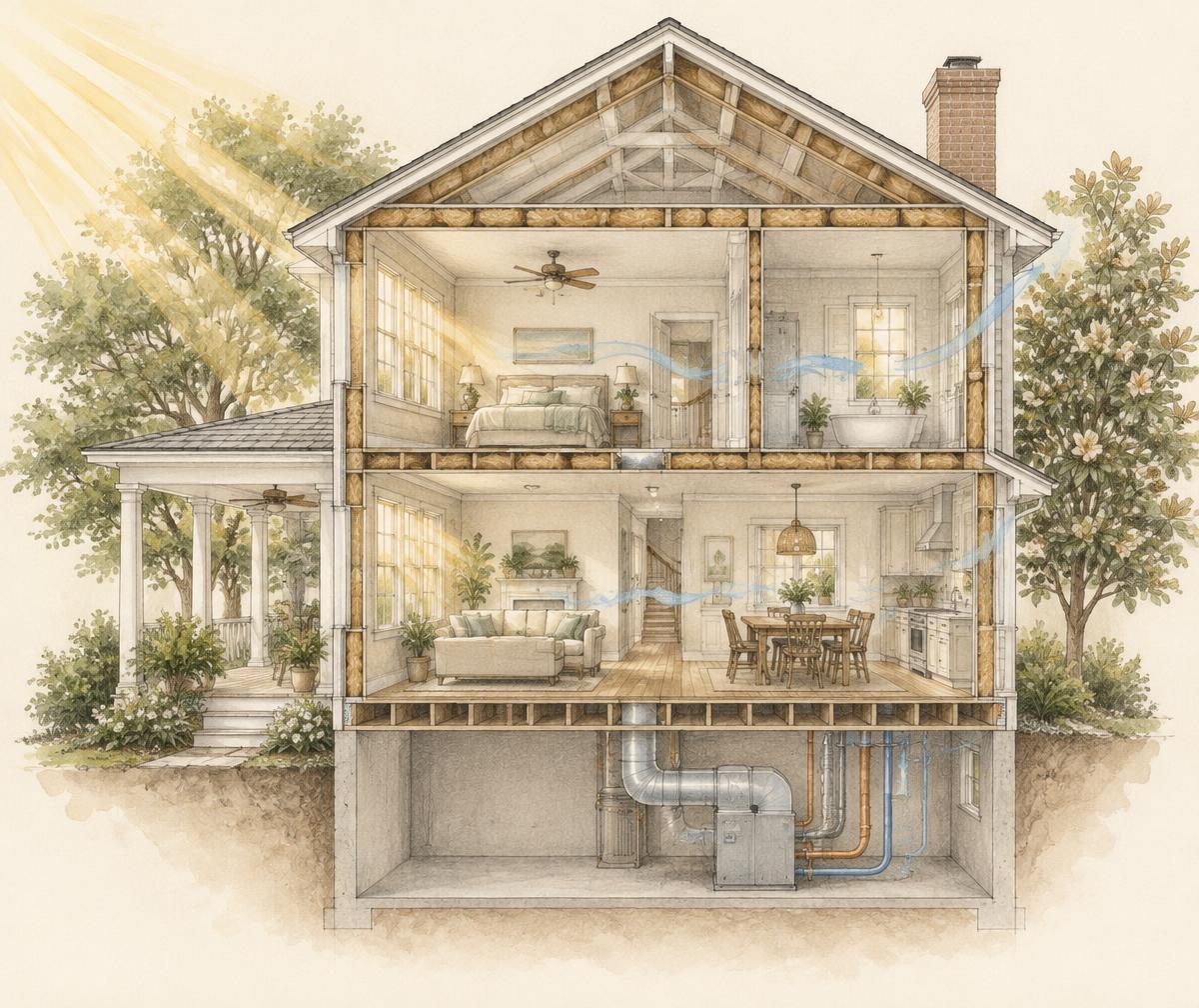 Cutaway illustration of a Southern home showing daylight, insulated walls, fresh airflow and efficient systems