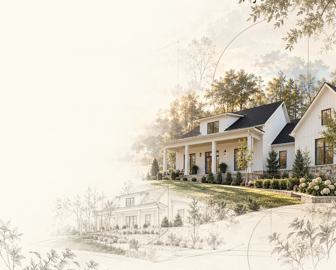 White Southern Craftsman home and gardens blending into delicate architectural pencil sketches