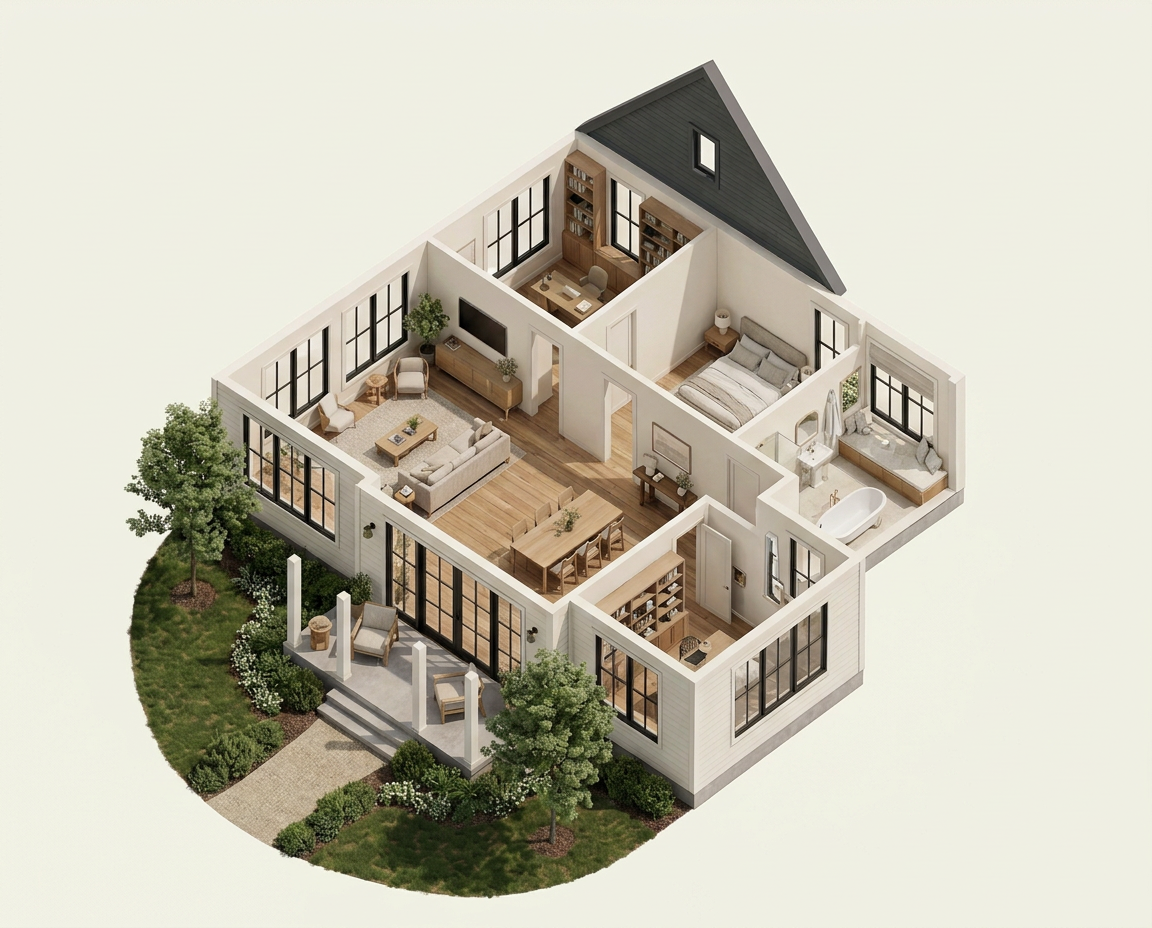 Furnished home cutaway showing connected gathering spaces, a study, restful bedroom, light-filled bathroom and covered porch