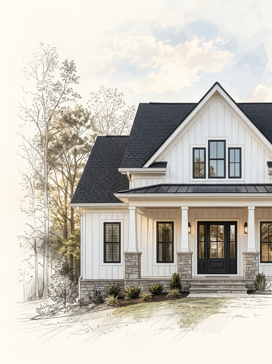 Southern Craftsman porch and steep gables blending into architectural sketches and wooded landscaping