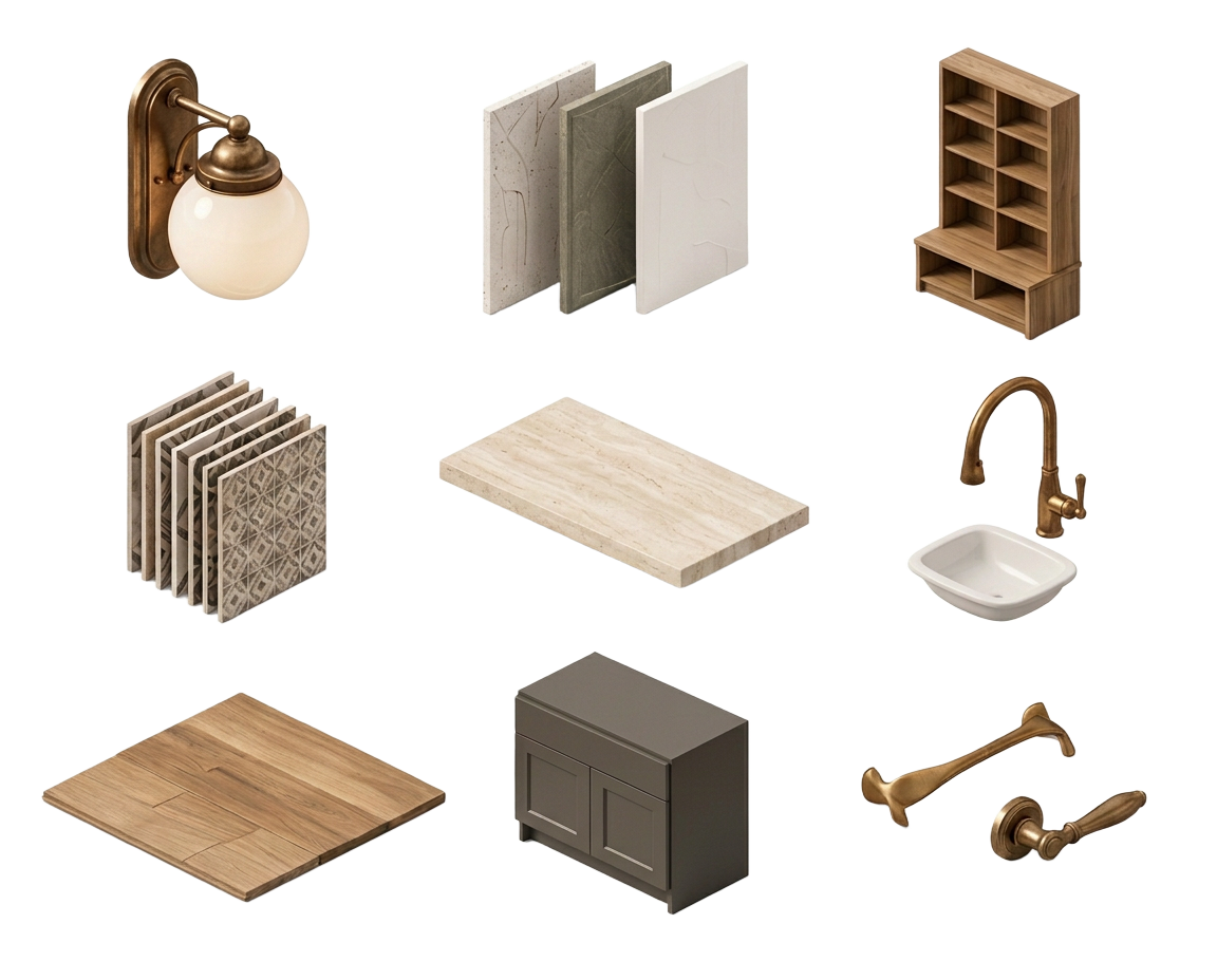 Nine separate home selections: bronze wall light, wall finish swatches, oak built-in shelves, ceramic tiles, stone countertop, faucet and basin, oak flooring, charcoal cabinetry and bronze hardware