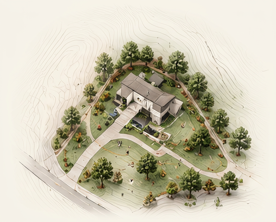 Aerial view of a wooded lot with topography lines